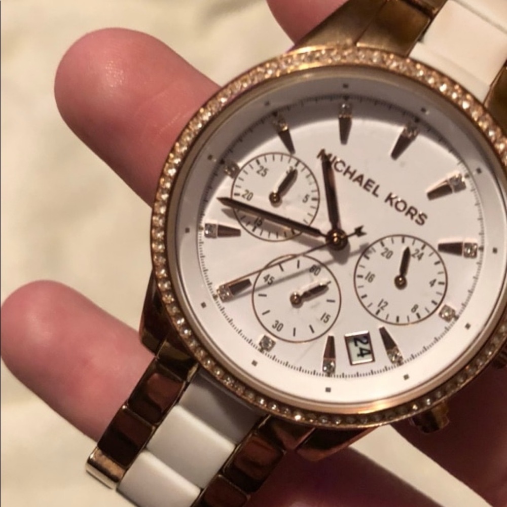 Michael Kors rose gold and white chronograph watch